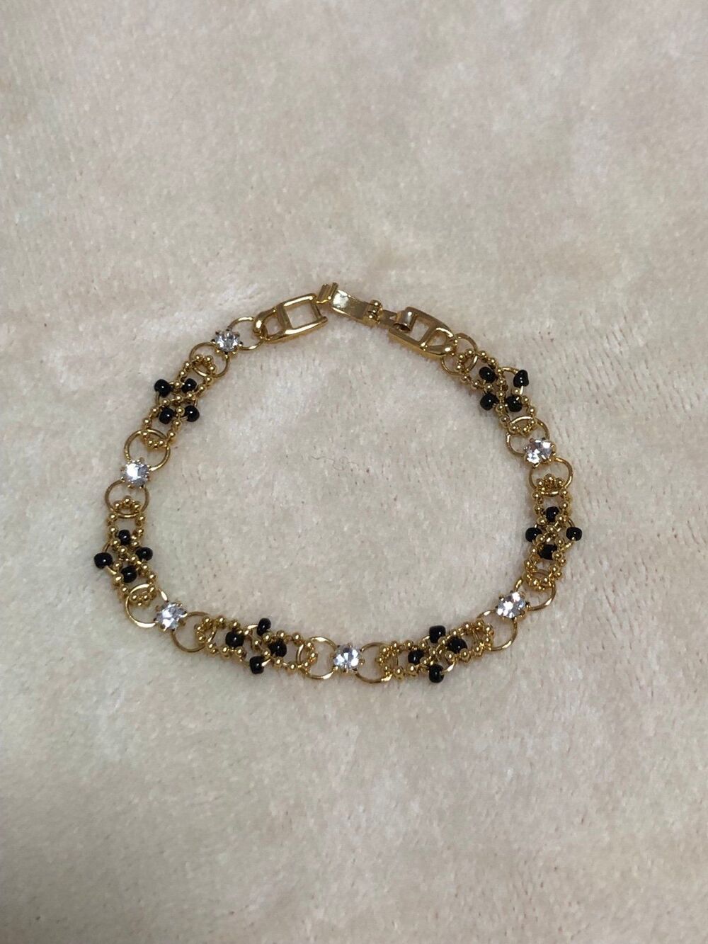 Black Beads & Rhinestones Gold-Tone Bracelet 7”